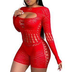 🆕Red  Women Sexy Fishnet Bodysuit Bodystocking Tights Bodycon Jumpsuit